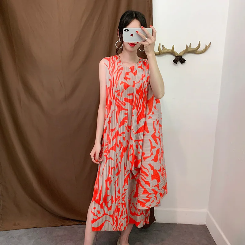 

Miyake pleated printed mid-calf dress 2022 summer irregular bottoming new style casual thin loose folda vintage dresses