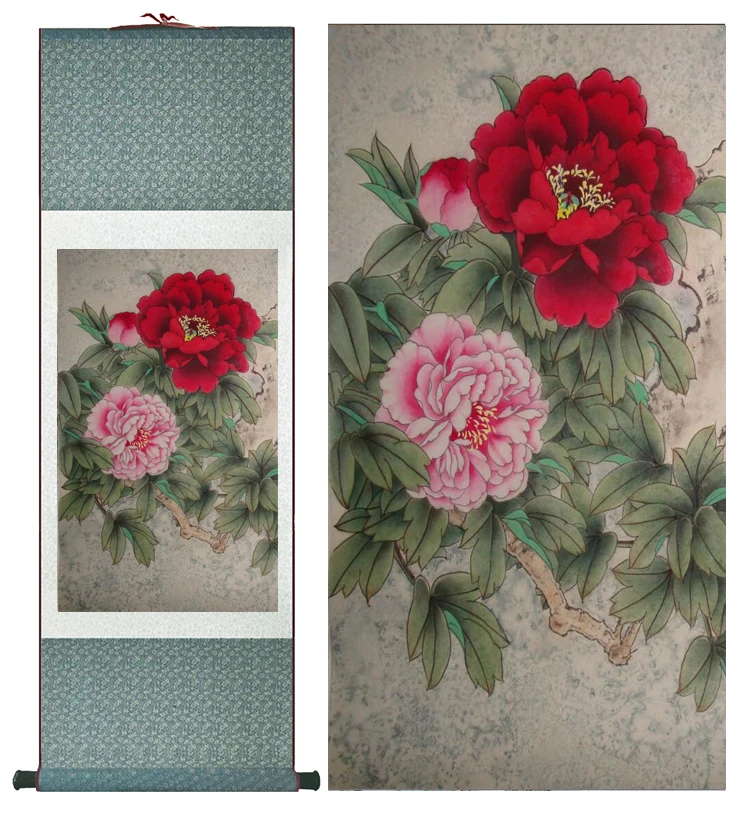 

Peony flowers painting silk scroll painting traditional birds and flower painting Peony picturePrinted painting