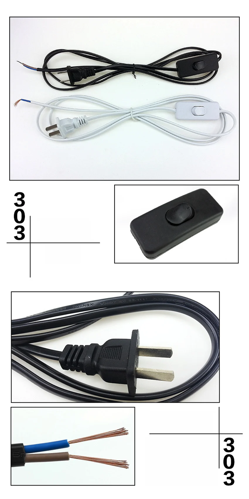 1 Stück Europäisches Schwarz-Weißes 303 Schalter-Verkabelungs-AC-Stromkabel EU US LED-Beleuchtungsstreifen Stromkabel 1,8m Elektrokabel – Detail 2