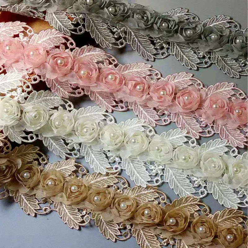 

2 yards Soluble 75mm Pearl Rose Flower Embroidered Lace Trim Ribbon Fabric Handmade DIY Wedding Dress Sewing Supplies Craft New