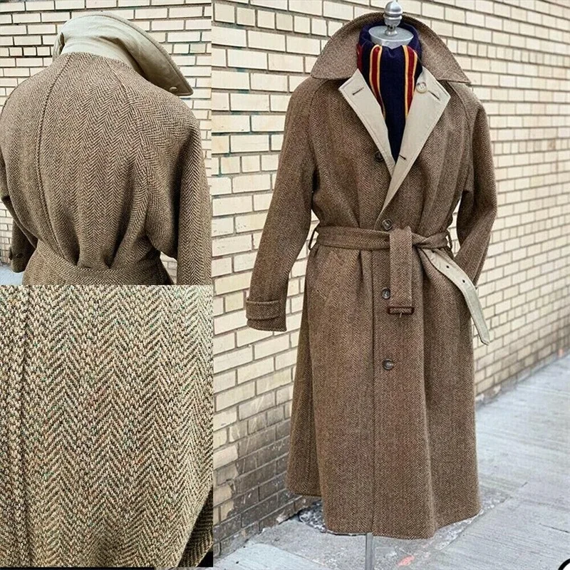 Trajes de espiga marrón con cinturón de lana gruesa para hombres, abrigo largo hecho a medida, solapa, chaqueta de negocios de moda, alta calidad