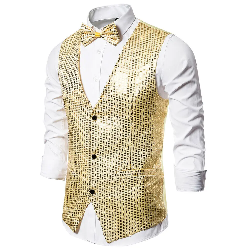 Stylish Men\'s Blazer Vest Coat Formal Slim Shiny Sequin Glitter Embellished Blazer Jacket Sequin Party Stage Coat