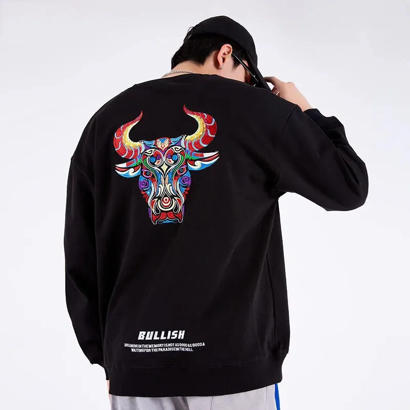 

O Neck Sweatshirt Men Harajuku Embroidery Male Long Sleeve Tops Sudaderas Hombre Fashion Chinese Style Loose Moletom
