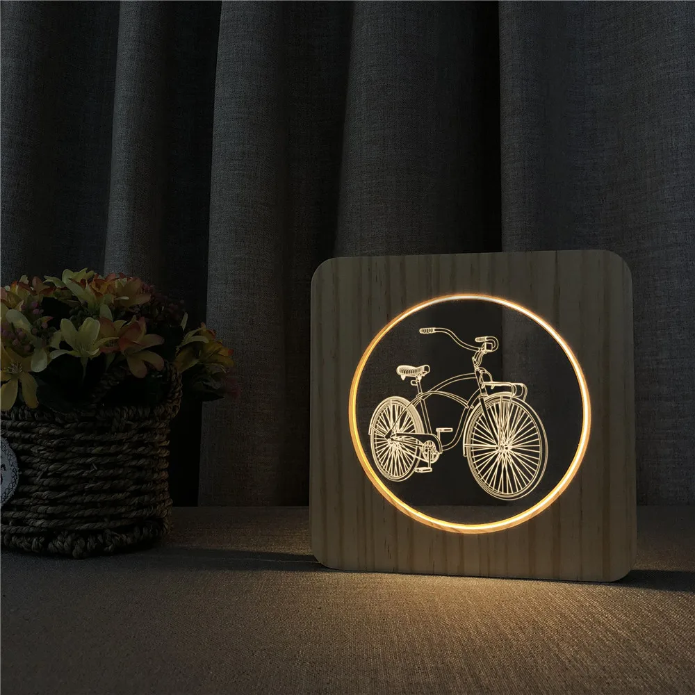 Bicycle Shape 3D LED Arylic Wooden Night Lamp Table Light Switch Control Carving Lamp for Children's Back To School Best Gift