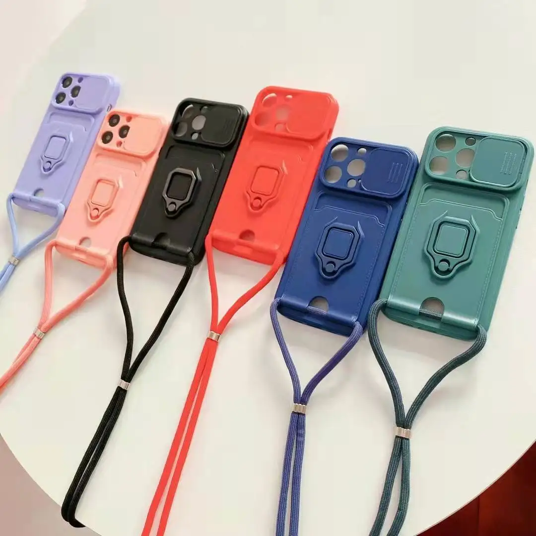 

Crossbody Necklace Cord Lanyard Wallet Card Case For iPhone 16 15 14 13 12 11 Pro Max 8 7Plus XR X Ring Holder Stand Soft Cover