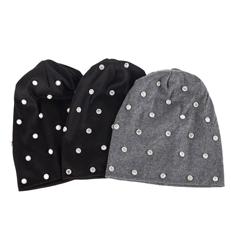 2021 New Style Korean Pearl Dot Beanie Caps For Women Hat Stretch Baggy Hats Fashion Beanies Gorros Soft Warmer Cotton Bonnet