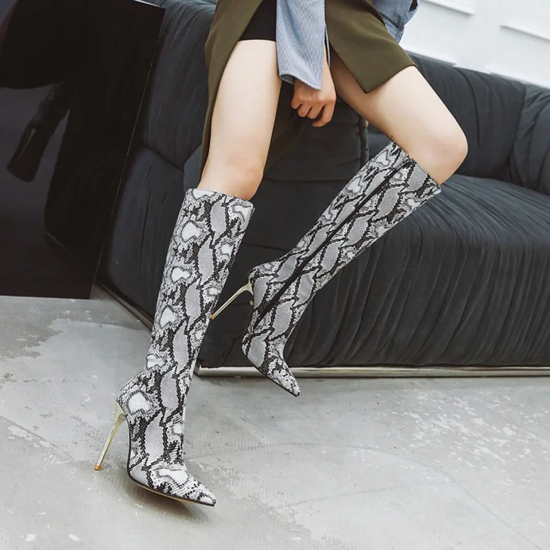 Leather Cowboy Women Shoes High Heels Autumn Winter Knee High Boots Women Snakeskin Leopard Long Boots Sexy Shoes Woman  WSH3461