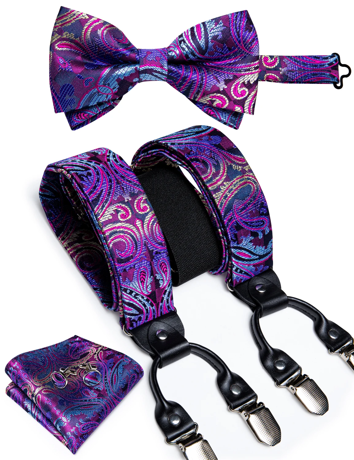 Fashion Purple Floral Men's Suspenders Bow Tie Set  Elastic Y-Back 6 Clips Braces Wedding Party Accessories Suspenders DiBanGu