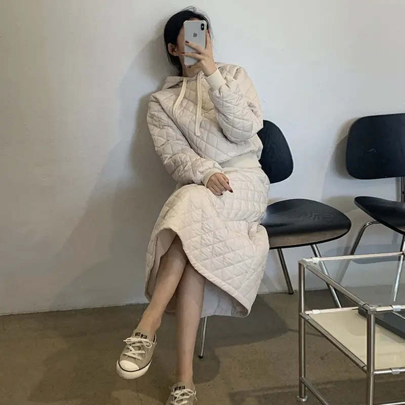 2023 Winter Fashion Rhombus Hooded Good Quality Dress Suit High Waist A-line Skirt Thickened Warm Cotton Two-piece Suit