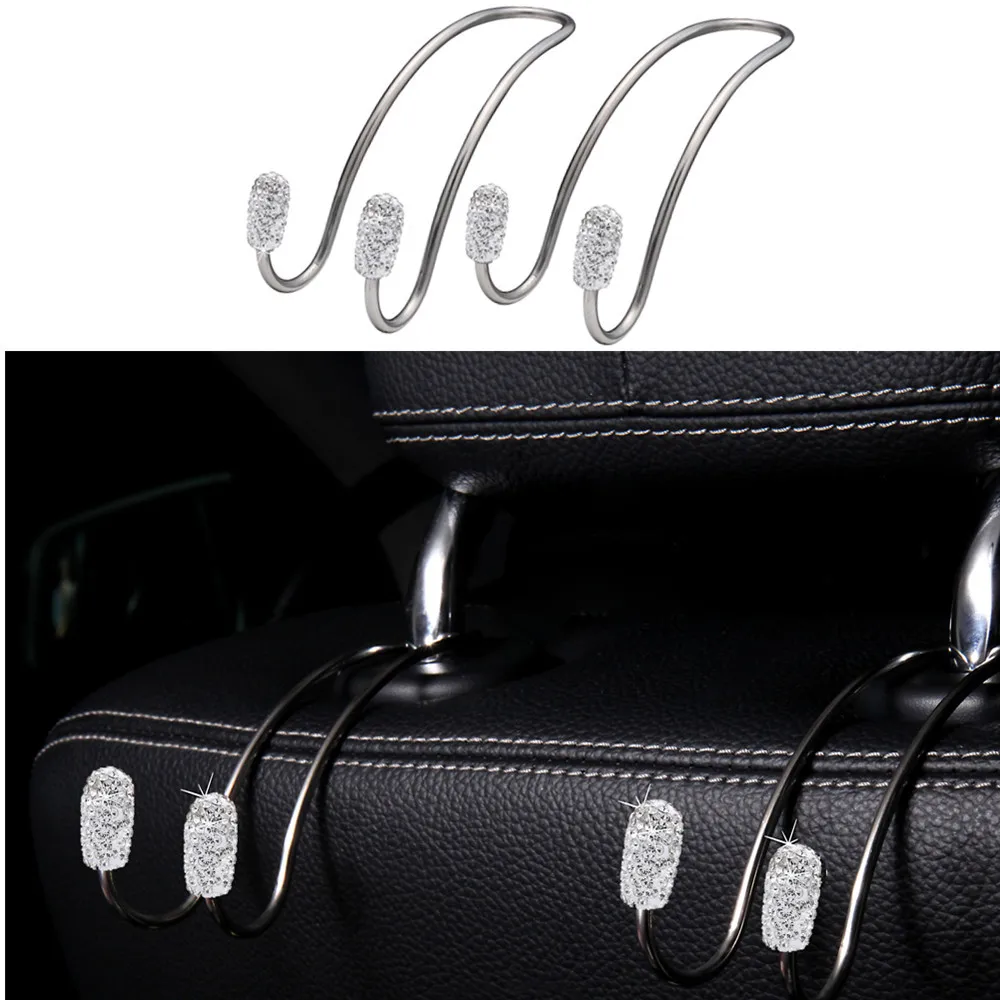 Multi-functional Metal Car Seat Headrest Hanger Bag Bling Diamond Crystal Seat Hook Holder for Bag Purse Cloth Grocery Storage