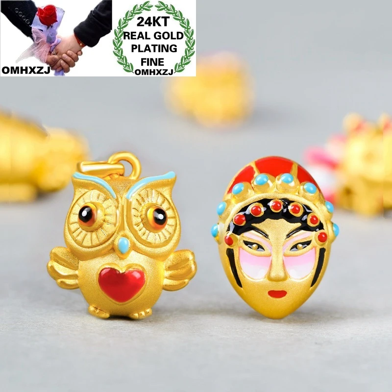 OMHXZJ Wholesale CA393 European Fashion Hot Fine Woman Man Party Birthday Wedding Gift Owl Opera Mask 24KT Gold Pendant Charm