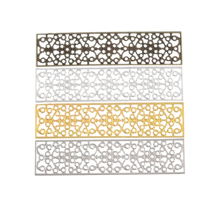 5Pcs Gold Tone Rectangle Filigree Flower Wraps Connectors Metal Crafts Decoration DIY Findings Connectors 8.5x2cm