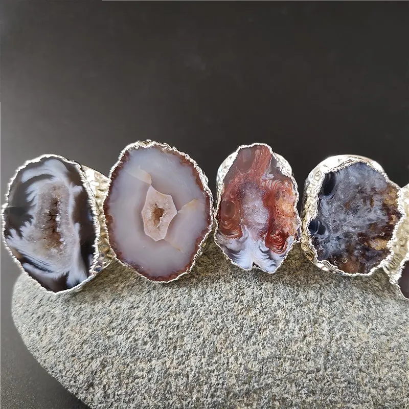 FUWO 5 Pieces/Lot Silver-Plated Natural Geode Ring,Amazing Design Onyx Druzy Stone Adjustable Rings Jewelry Wholesale  RG028