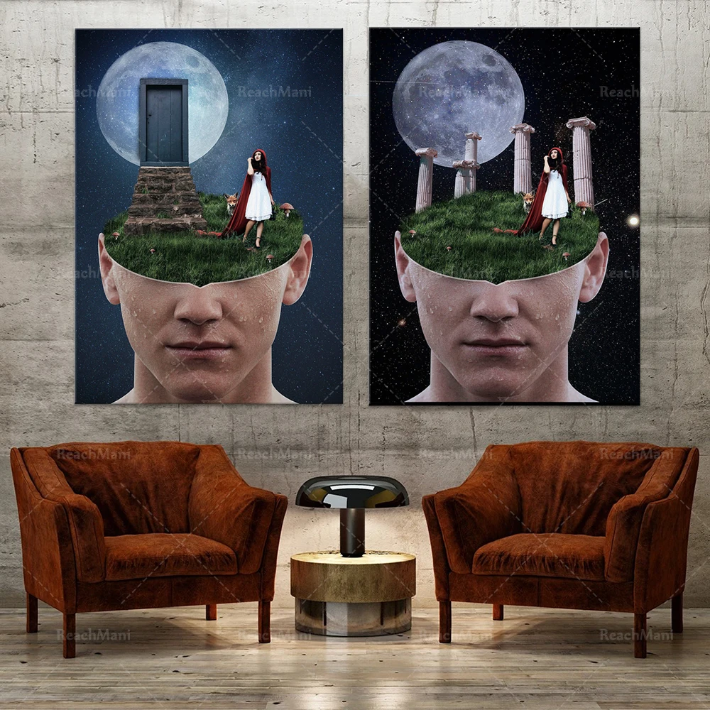 Surrealistic decorative cosmic scene on the stage, and the scene of a woman in the forest. Printed decorative wall posters