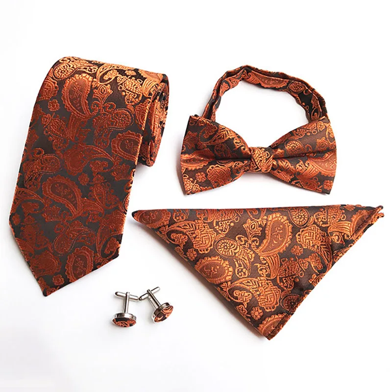 Ricnais 4PCS 8cm Paisley Tie Set Red Black Bowtie Handkerchief Cufflinks Necktie Silk Set suit Vusiness Pocket Square Ties Gift