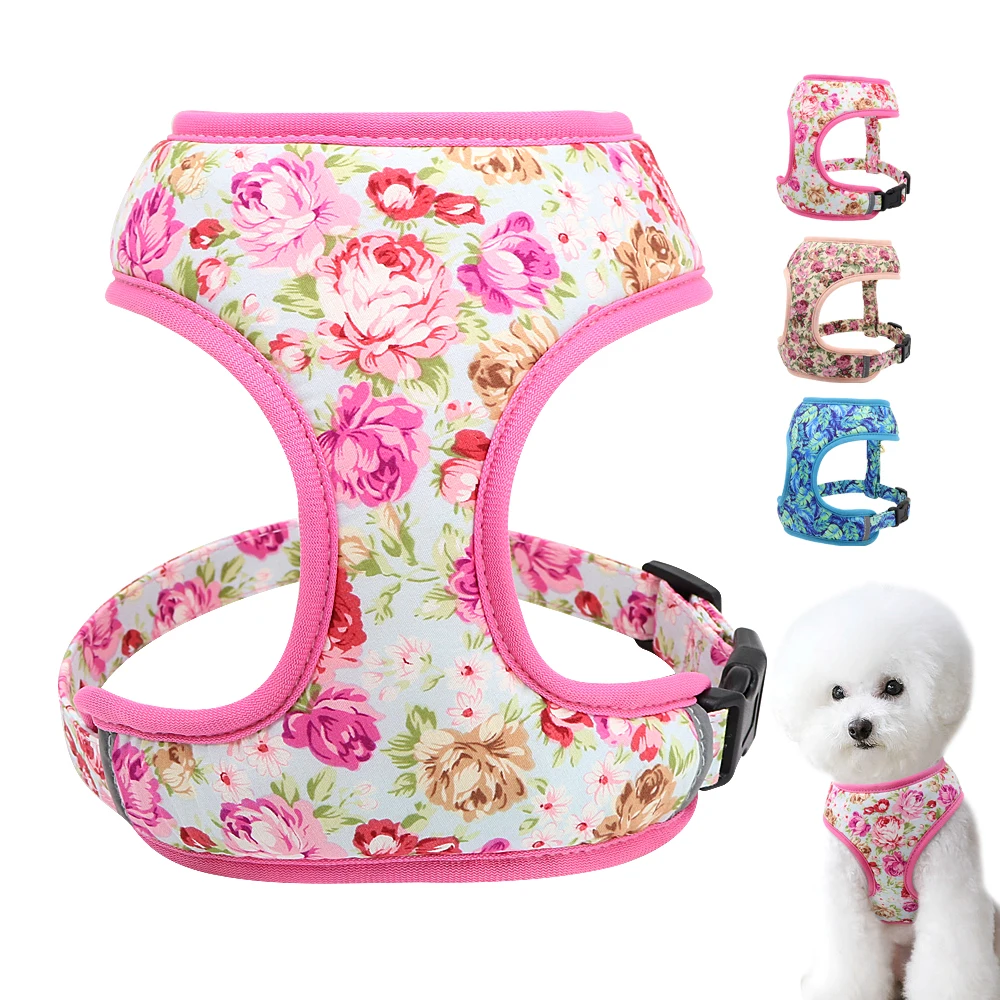 Flower Dog Harness Reflective Dog Cat Vest Harness Floral Printed Pet Harnesses Adjustable for Small Medium Dogs Puppy Bulldog