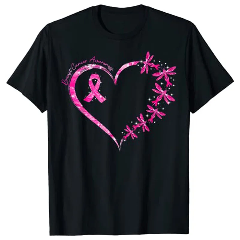 

In October We Wear Pink Breast Cancer Awareness Dragonfly T-Shirt Tops Graphic Tee Shirts