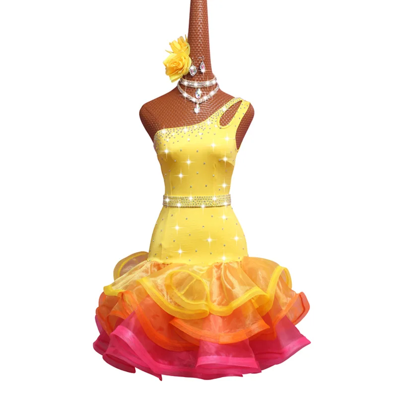 New Latin Dance Dress Competition Dress Costumes Skirt Performing Dress Adult Customize Children Light yellow Fishbone Skirtess