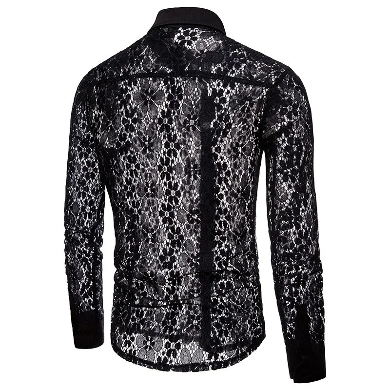 

Hot Mens Sexy Lace Hollow Out Night Clubwear Shirts Slim Fit See Through Flowers Long Sleeve Male Shirt White Fashion Party Tops