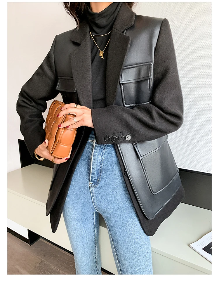 Nerazzurri Autumn Black Wool Blends Patchwork Leather Jacket Women with Many Pockets Long Sleeve Korean Fashion Streetwear 2022