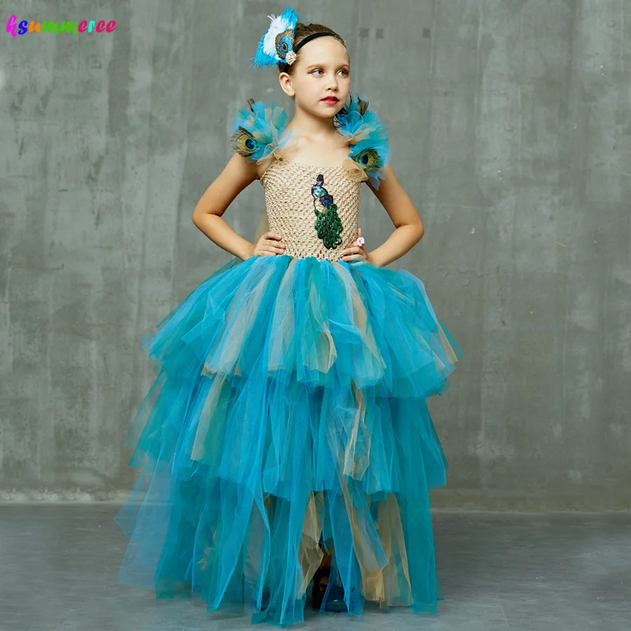 LIMITED EDITION Luxury Girls Peacock Tutu Dress with Matching Headband Multi-layer Kids Pageant Tulle Ball Gowns Peacock Costume