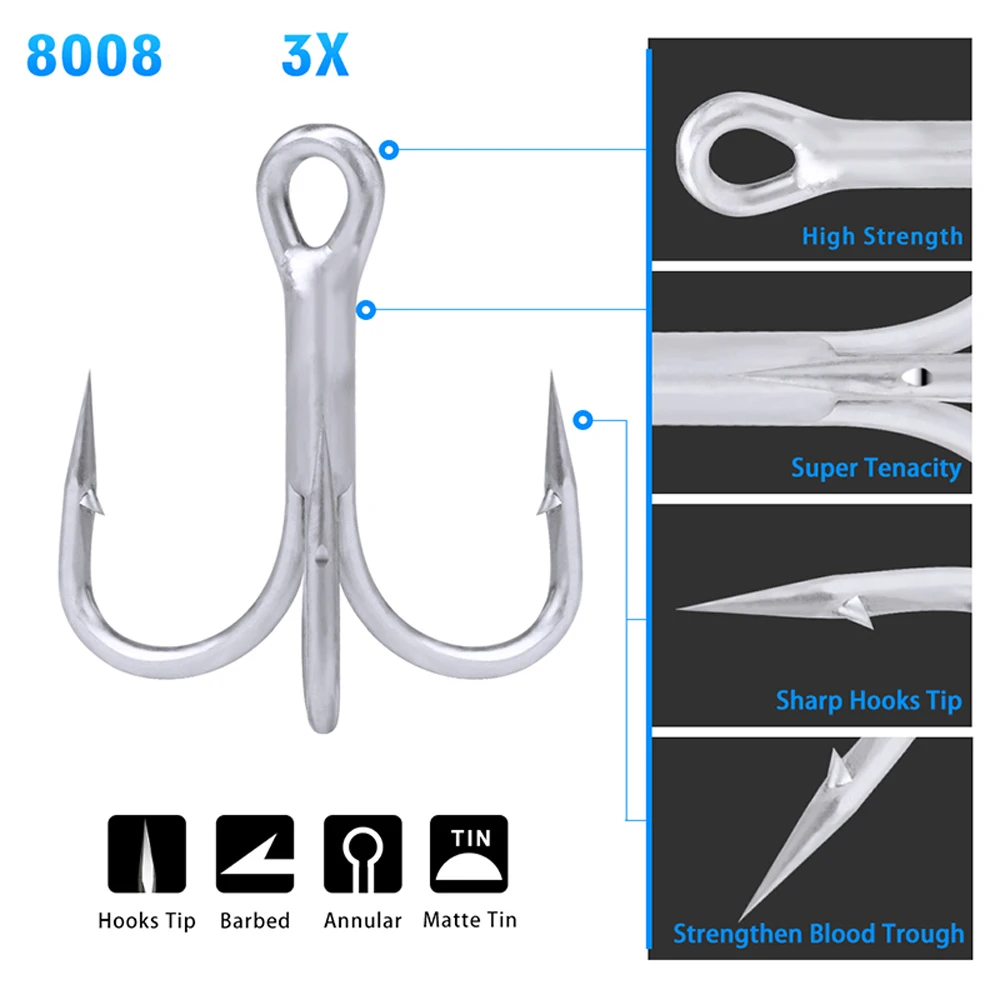 50pcs/lot Fishing Hooks High Carbon Steel Treble Hooks Silver Super Sharp White For Saltwater High Strength Sea Hooks Tackle