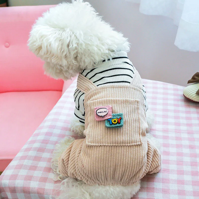 Jumpsuit for Dog Cat Pet Clothes Strips Hoodies Corduroy Pants Coat Pajamas Overalls for Small Dogs Chiwawa Yorkie Puppy Onesie