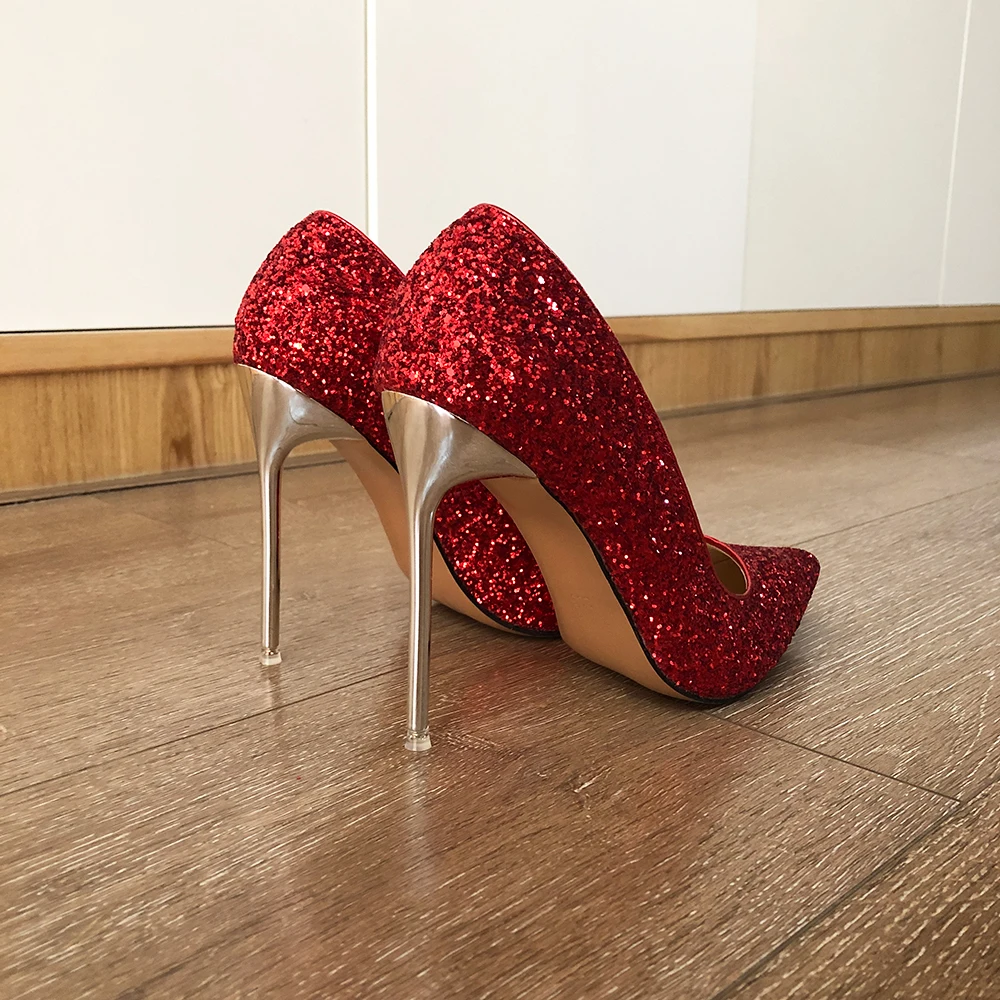 Veowalk Glitter Red Sequins Women 11cm High Heel Stiletto Pumps Pointed Toe Slip On Ladies Party Dress Shoes Plus Size 35-46