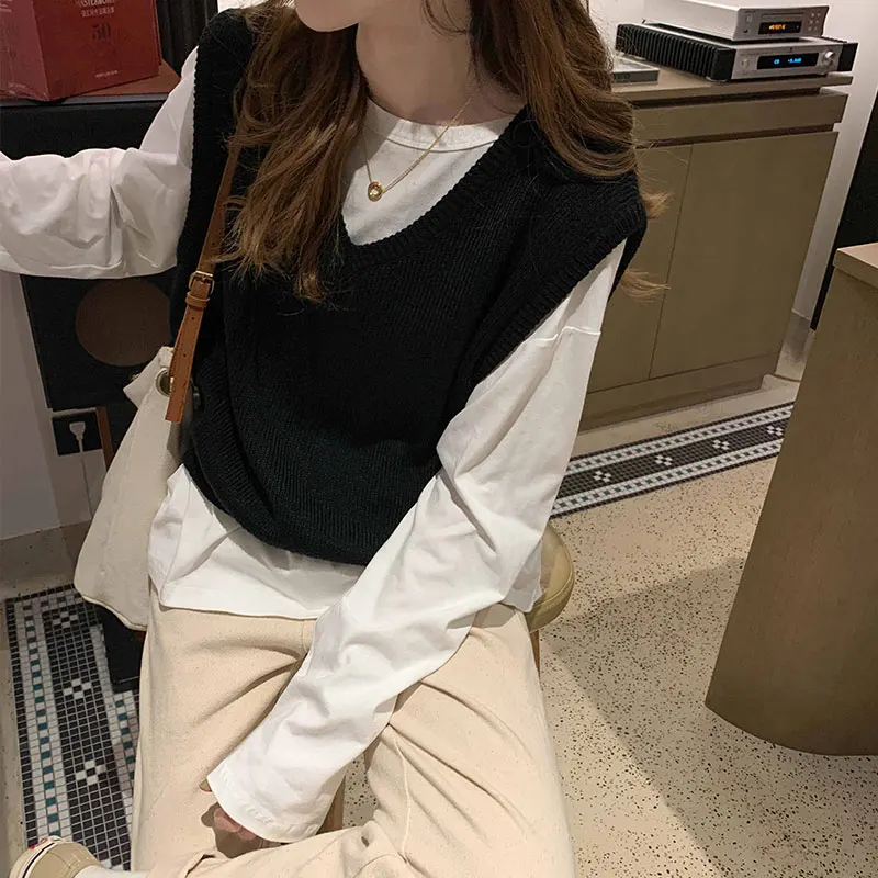 8colors 2020 autumn and winter korean style v neck knitted solid color sleeveless vest sweaters womens pullovers womens (X1558)