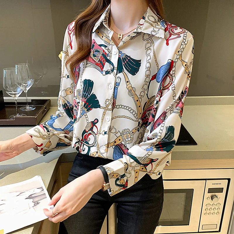 Fashion chain print ladies shirts Women\'s Blouses 2021 Spring Autumn Long Sleeve Shirts Tops Blusas Mujer