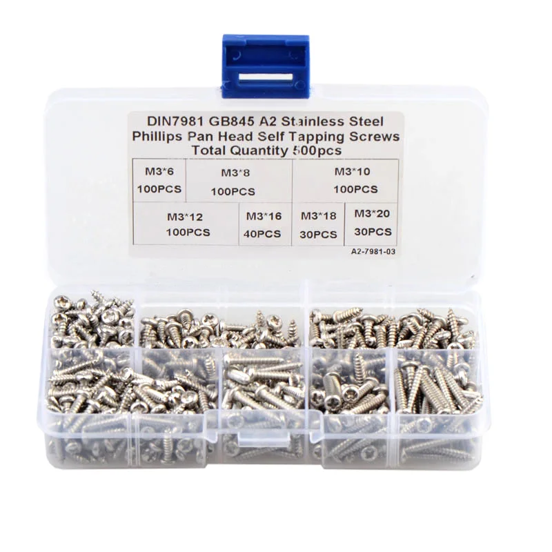 500pcs M3 stainless steel 304 Cross Pan Head Self Tapping Screw Combination Set Phillips Round Head Screw Kit