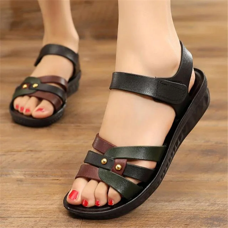 MVVJKE Size36-41Women Sandals Summer Female Platform Leather Shoes Mujer Flats Peep Toe Mixed Colors Soft Bottom Beach Sandalias