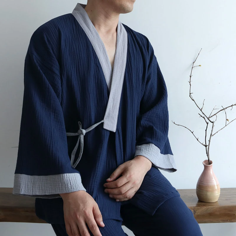 Japanese Men Kimono Three-Quarter Sleeve Cardigan Zen Clothing Trousers Cotton Large Size Loose Solid Color Ladies Home Clothes