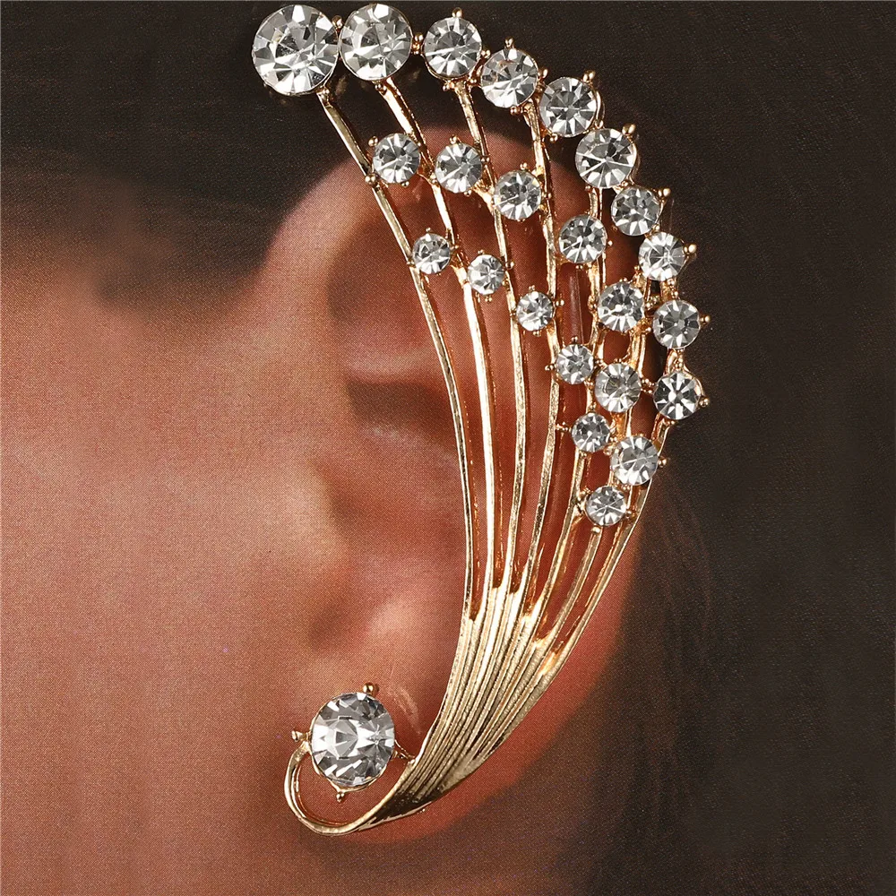 Feather Crystal Earrings Female Punk Ear cuff Clip One Piece Exaggerated Cuffs Earring For Women Punk Gothic Jewelry
