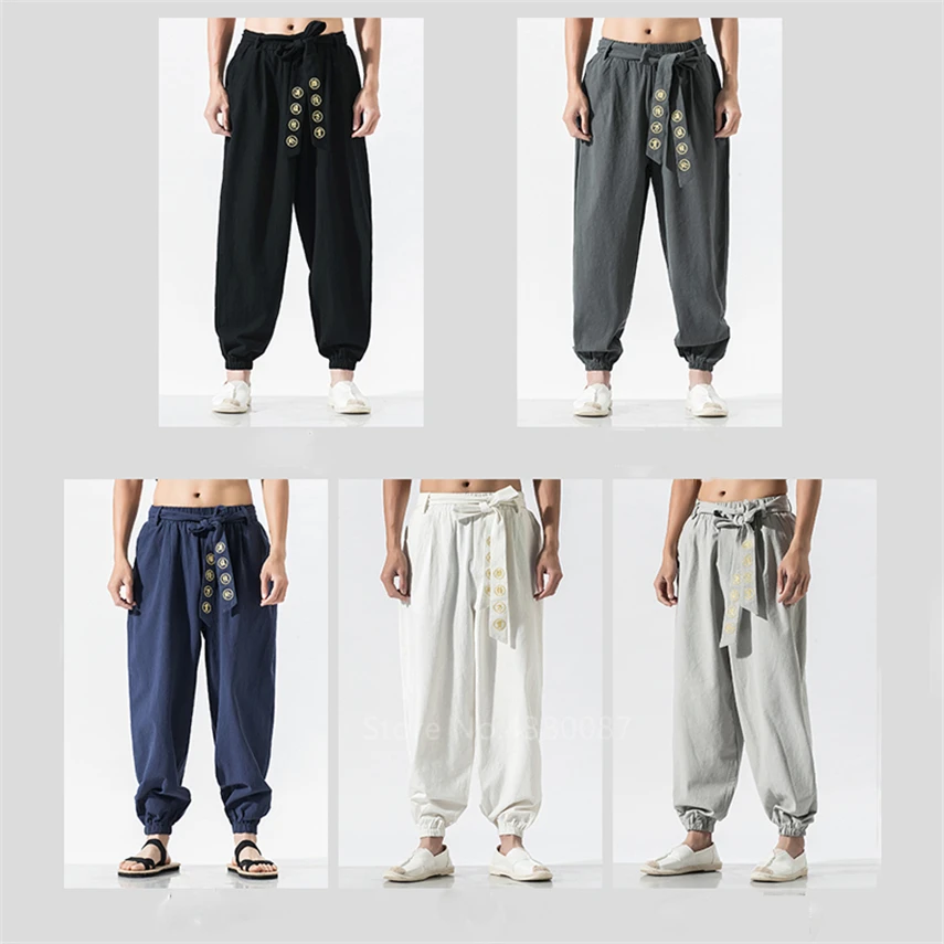 Japanese Style Fashion Man Wide Leg Pants Retro Bandage Embroidery Loose Linen Trouser Male Harlan Haori Hip Hop Samurai Kimono