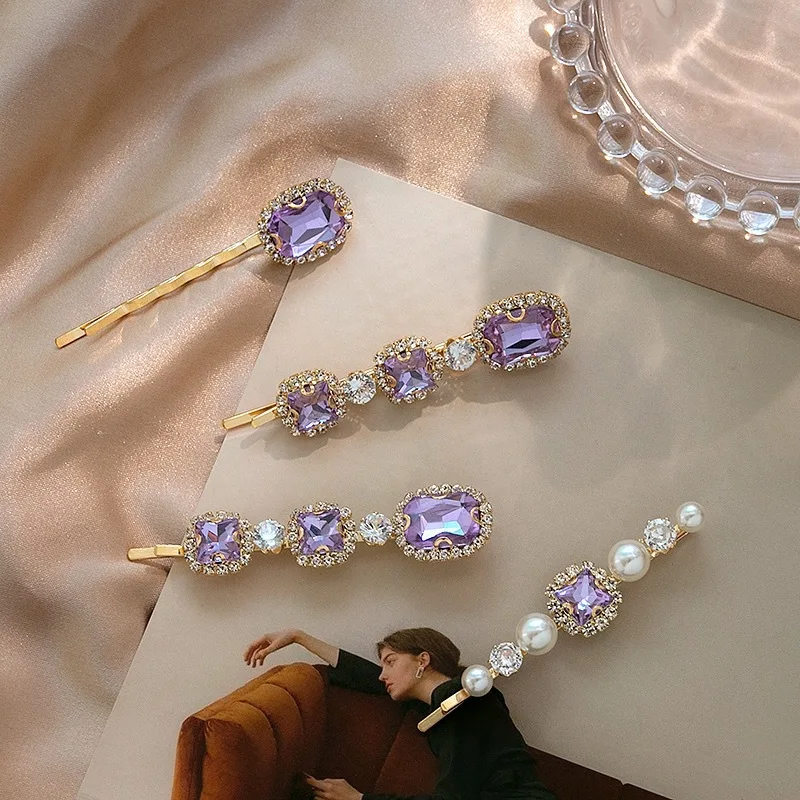 New Women Girls Luxury Purple Crystal Barrettes Sweet Hair Ornament Clips Elegant Hairpins Headband Fashion Hair Accessories