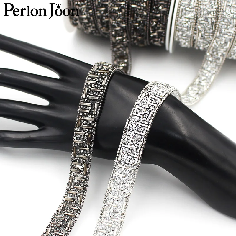 1 yard New 1.5cm Wide Gun Black gue Rhinestone Tape Hot Crystal Webbing Geometric Design Clothing Decoration Accessories TR057