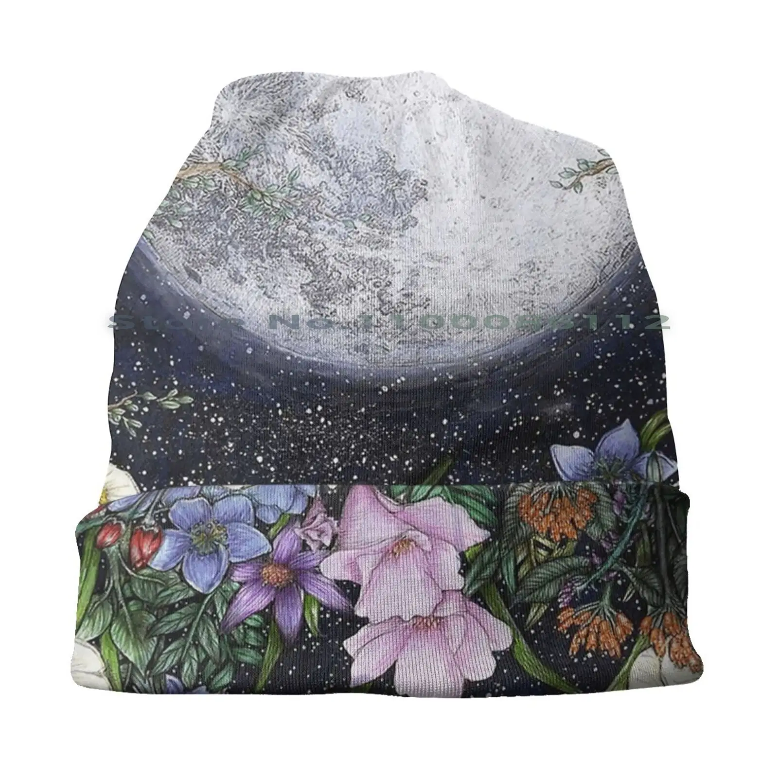 Midnight In The Garden Ii Beanies Knit Hat Luna Garden Midnight Flower Floral Tree Nature Wildlife Magical Pen Art Beauty Space