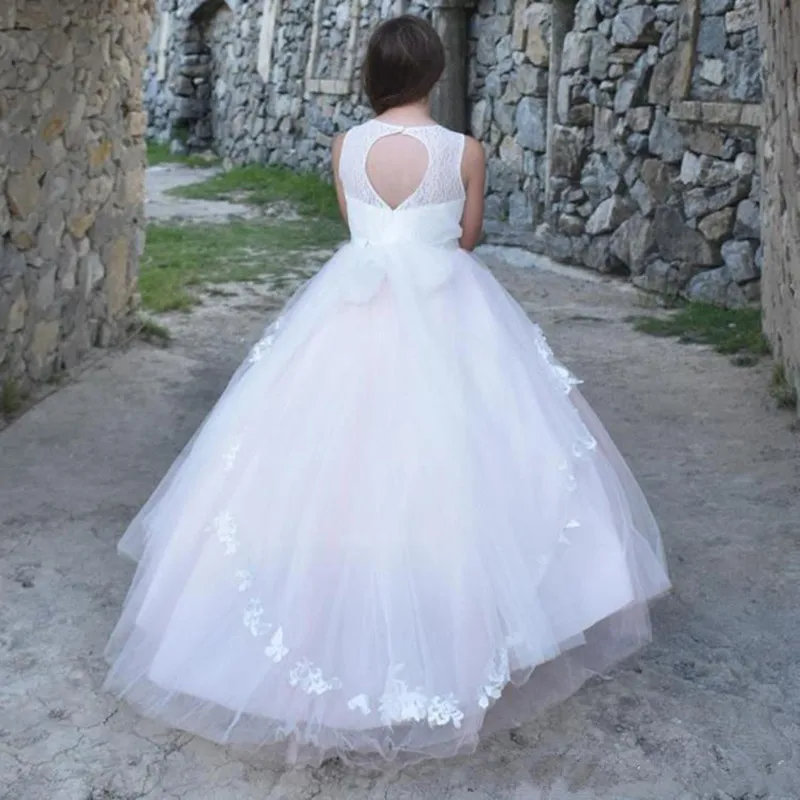 Blume Mädchen Kleid mit Spitze Schmetterlinge Kristalle Keyhole Zurück Hochzeit Nach Prinzessin Kleid Mädchen Erste Heilige Kommunion Kleider