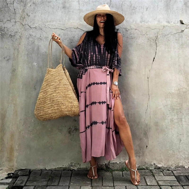 

Summer Open Shoulder Dress Belted Beach Cover Up Chic Tie Dye Striped Comfy Kaftan Casual Partywear Loungewear Long Tunic Caftan