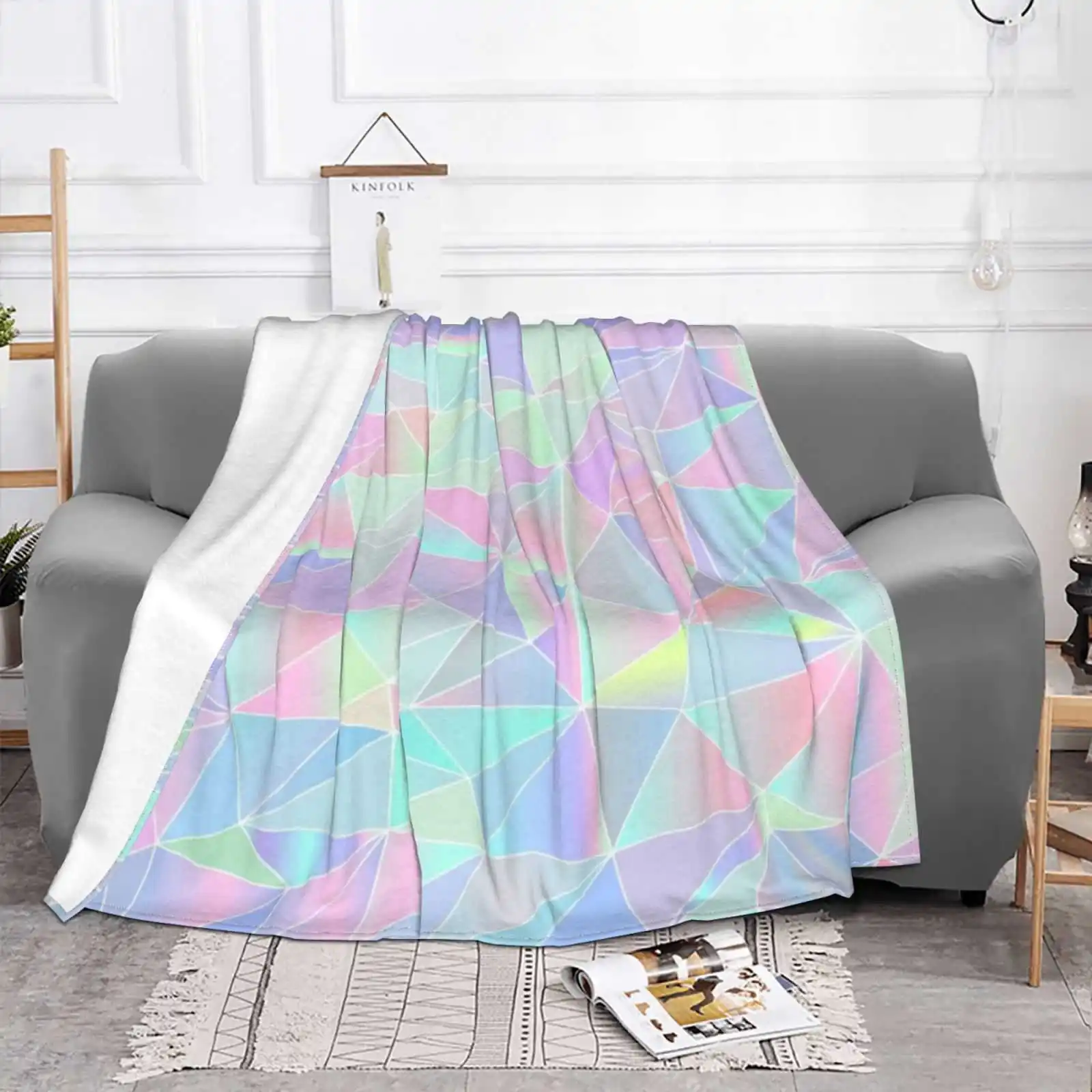 Holographic Low Poly Pattern Air Conditioning Blanket Travel Portable Blanket Holographic Hologram Low Poly Iridescent Gradient