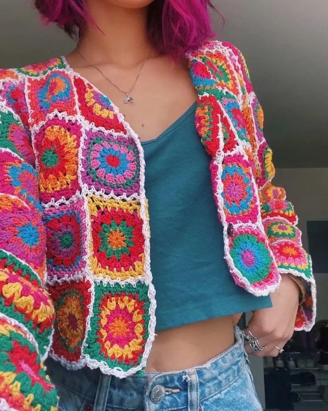 2021 BOHO Colored Plaid Flower Hand Crochet Cardigan Vintage Woman V neck Long sleeve Center Buttons Sweater Knitwear Jumper