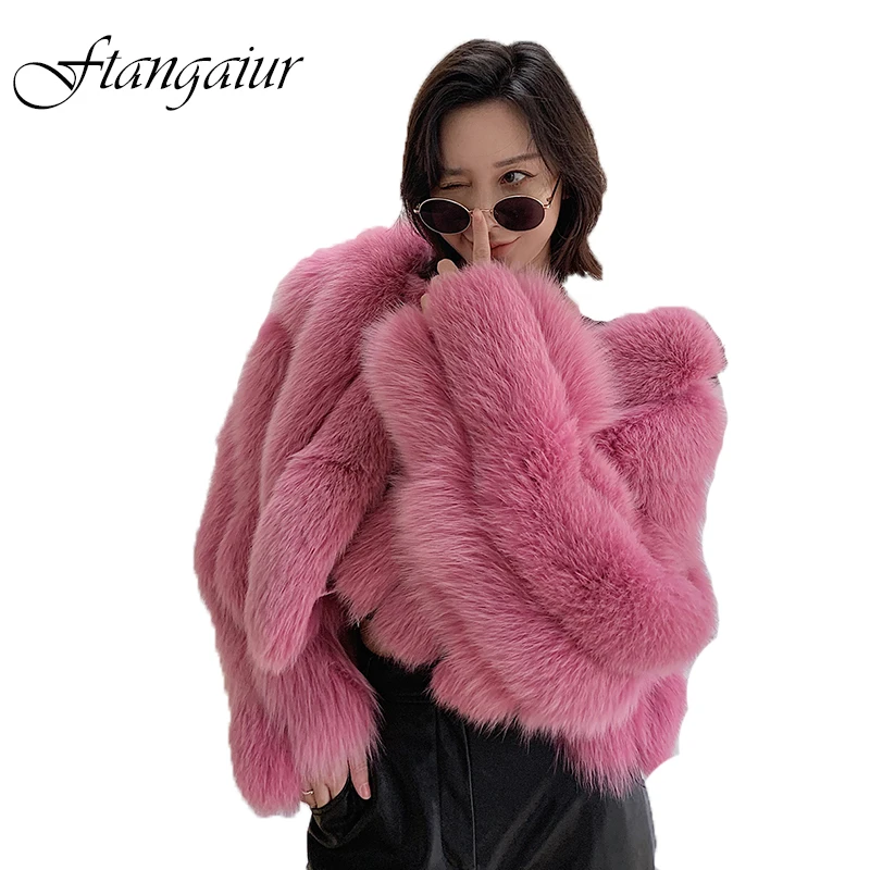 

Ftangaiur New Winter Import Fox Fur Coat Weave Whole Skin WomenFemale Fox Coats Pure Long Sleeve Short Natural Fur Coats