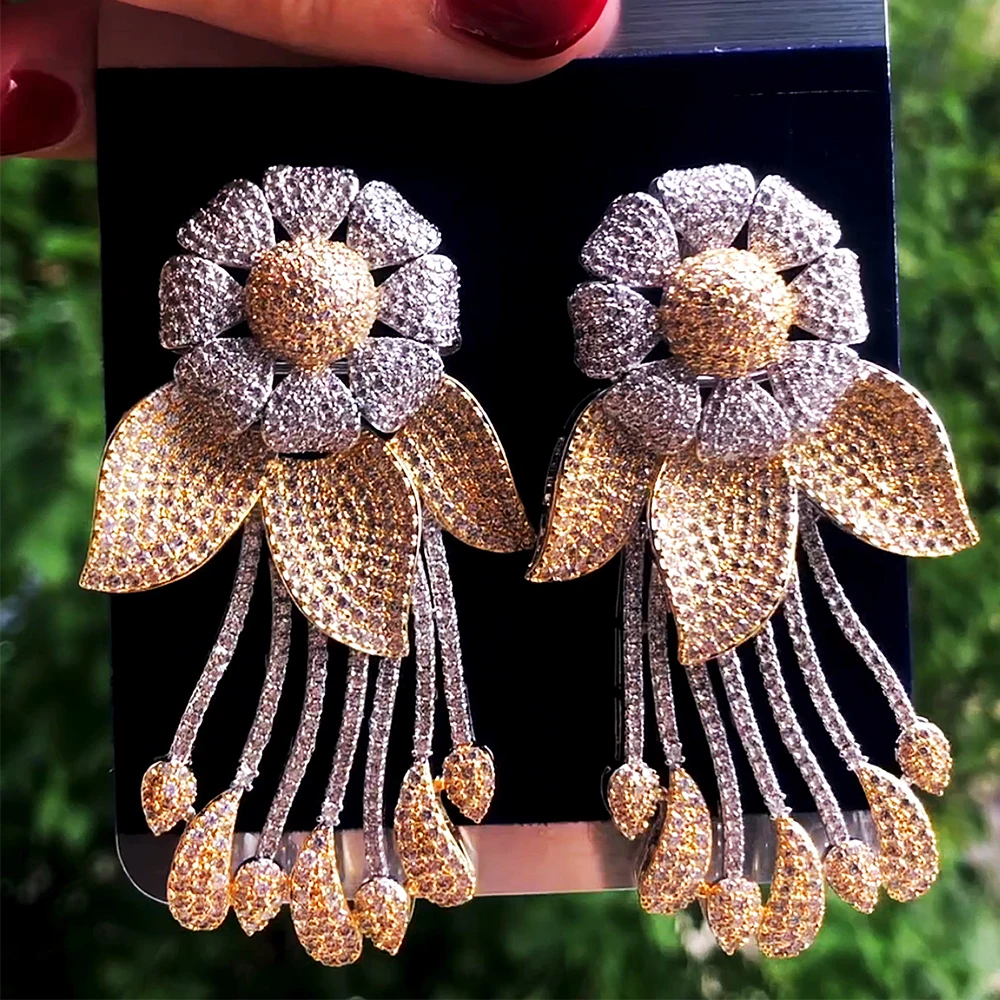 GODKI 70MM Luxury Flower Nigerian Tassels Long Dangle Earrings For Women Wedding Zircon Crystal CZ Indian Bridal Earrings