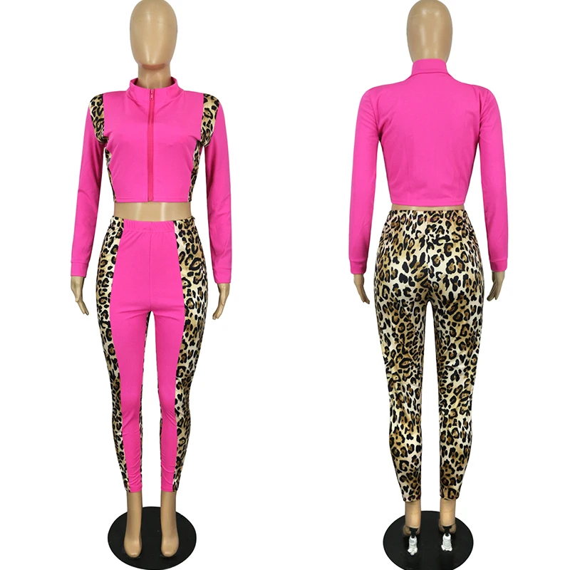 Leopard Patchwork Two Piece Set Women Crop Top and Pants Set Sweatsuits for Women Sportwear Casual Tracksuit Women Sets Outfits