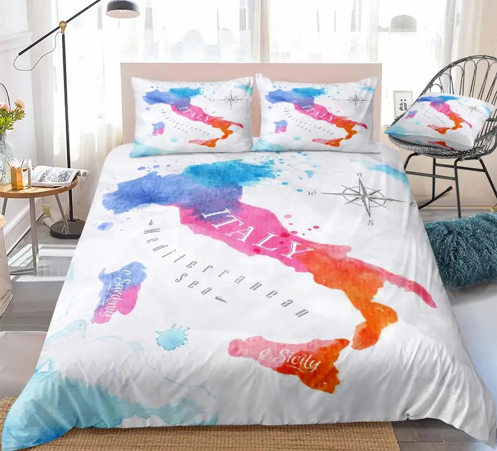 Map Duvet Cover Set Colorful Bed Set Watercolor Abstract Italy Map Bedding Queen Home Textiles 3pcs White Kids Teens Dropship