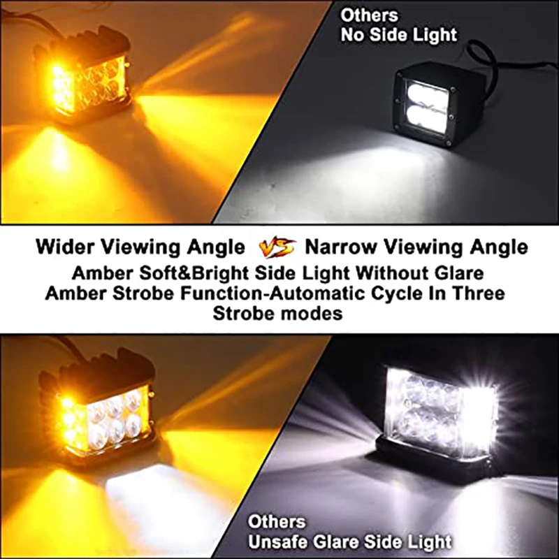 Side Shooter, LED Pods Light 4 inch Off Road Dual Side Yellow DRL with Flash Strobe Function Driving Flood Spot Cube Work Light