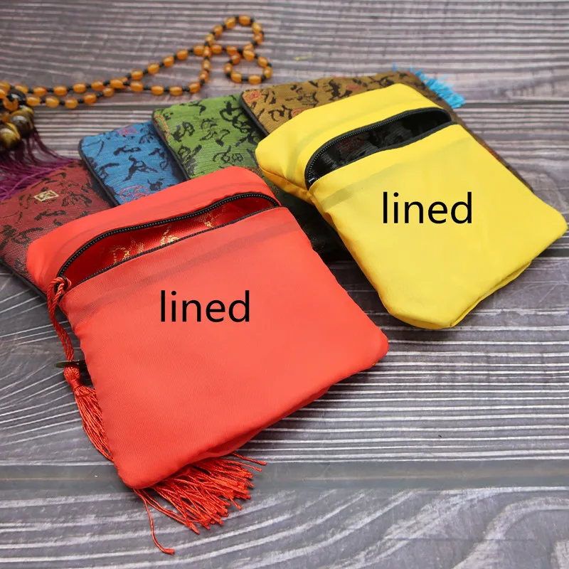 10pcs Flower Small Zipper Pouches  Square Tassel Coin Purses Silk Brocade Jewelry Gift Packaging Bags