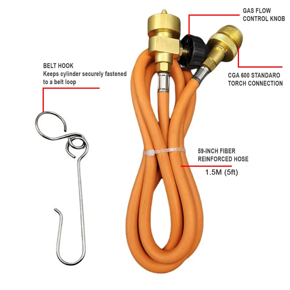 Gas Braze Welding Torch Hose CGA600 1.5m (5ft) Hose and Belt Hook For MAPP Torch Extension Kit