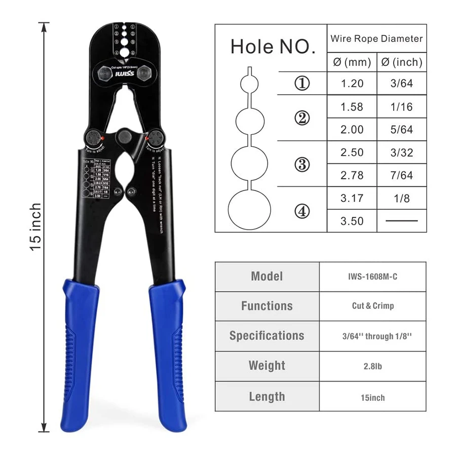 IWISS IWS-1608M-C Fishing Pliers Wire Rope Crimping Tool for Wire Rope and Wire Rope Sleeves Works from 3/64” to 1/8”